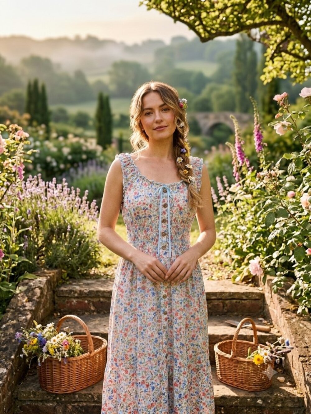 Cottagecore Floral Smocked Milkmaid Maxi Dress L 100% Viscose